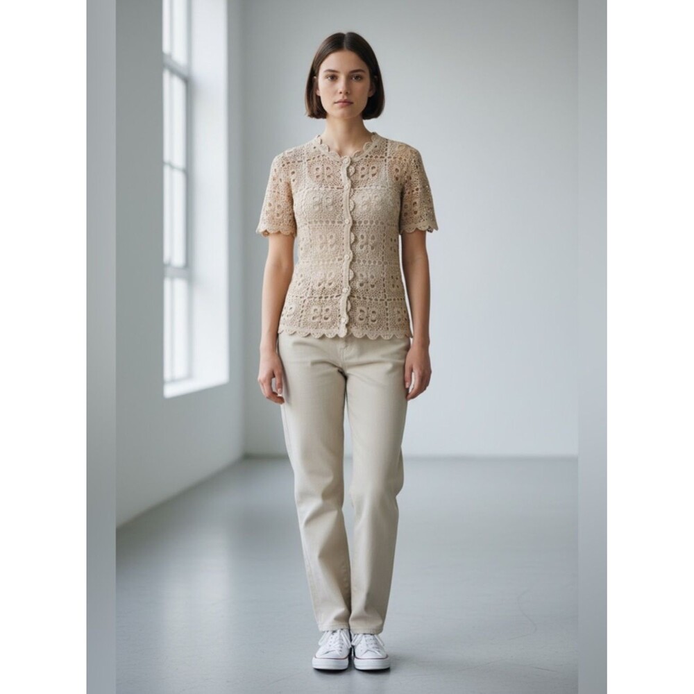 Vintage Handmade Beige Knit Crochet Short Sleeve Button Cardigan. Unique. XS/S